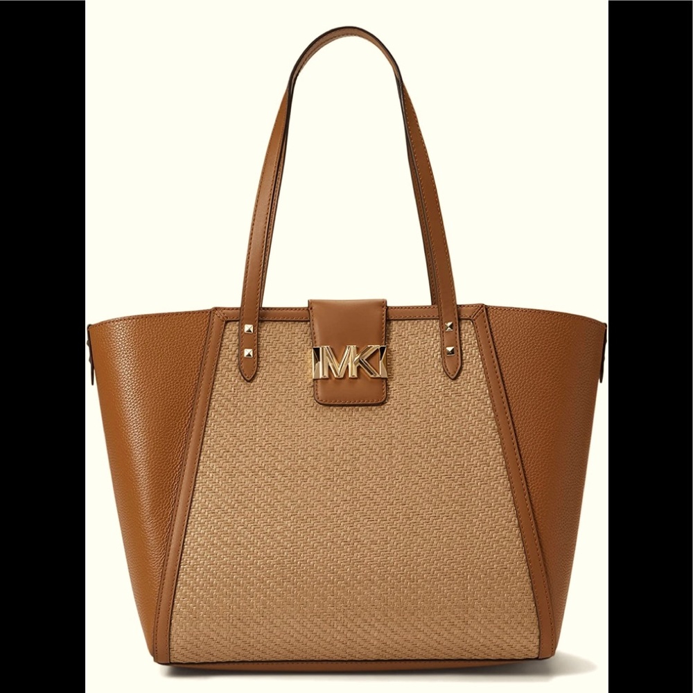 New MICHAEL KORS Karlie Logo Tote Handbag, Large, with leather and straw detail.